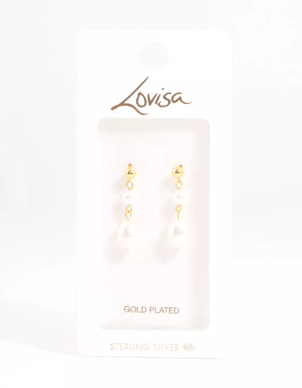 Gold Plated Sterling Silver Double Faux Pearl Drop Earrings