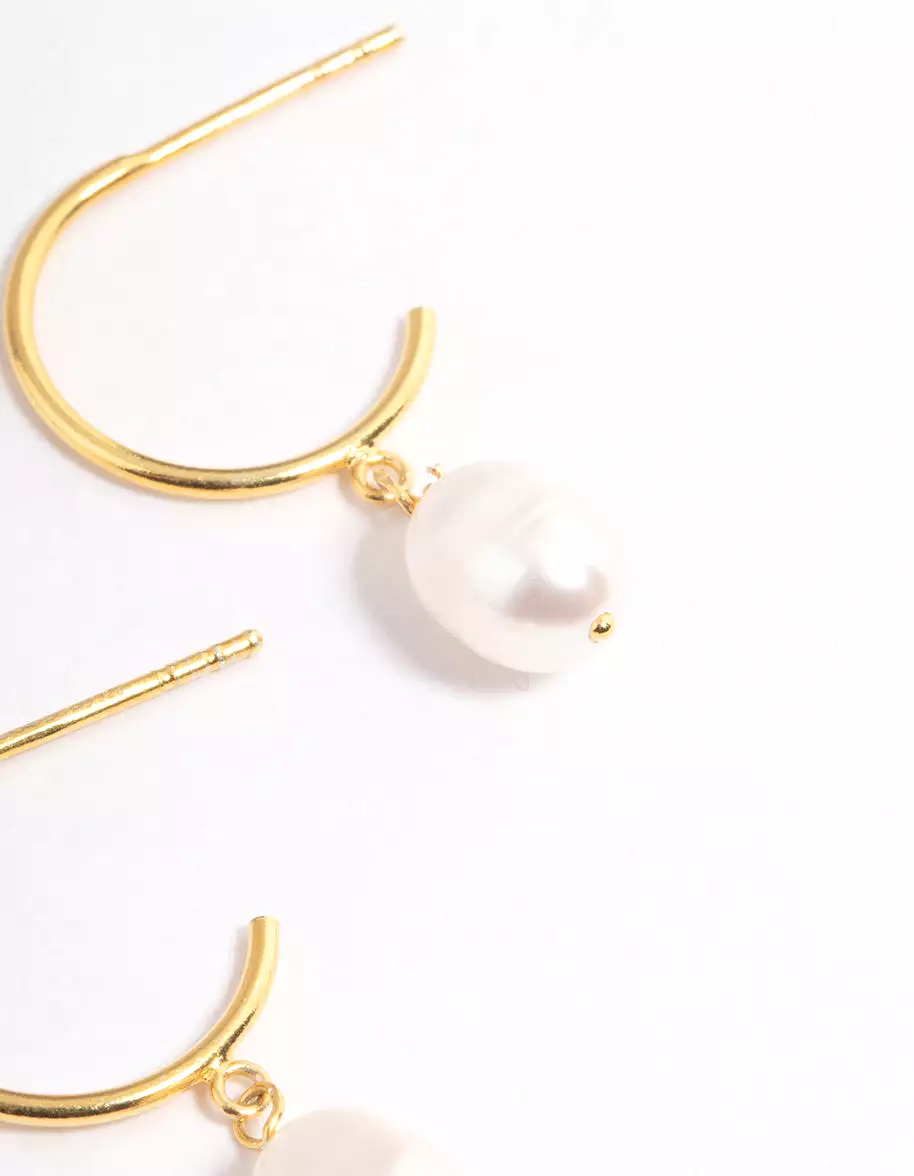 Gold Plated Sterling Silver Pearl Drop Hoop Earrings