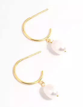 Gold Plated Sterling Silver Pearl Drop Hoop Earrings