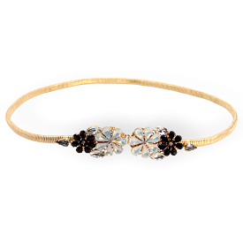 GOLD PLATED STRETCH METAL BELT WITH DAISY BOUQUET CRYSTAL BUCKLE BLACK AND WHITE