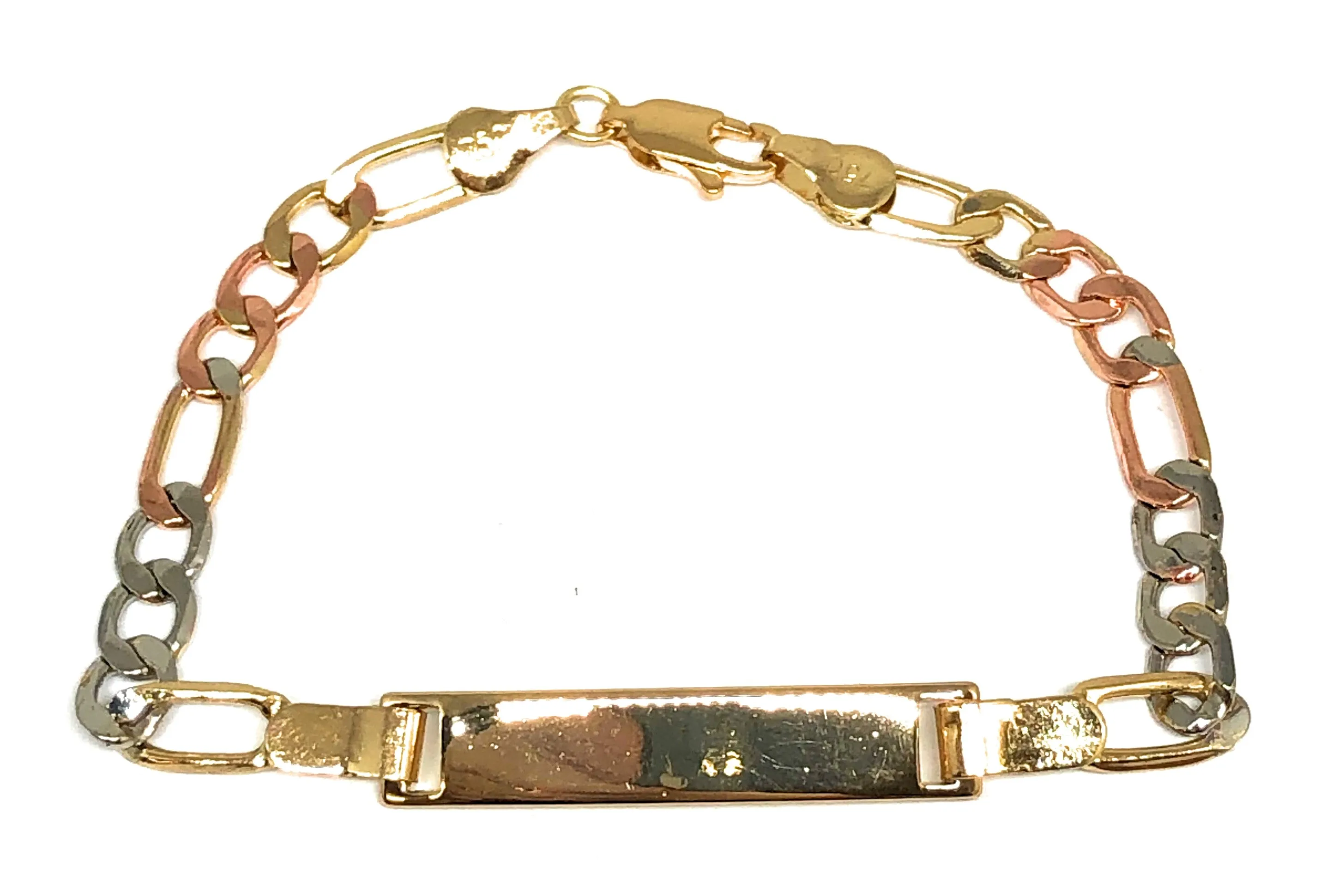 Gold Plated Tri-Color ID FIGARO Bracelet 7.5” 5.5mm Width Esclava