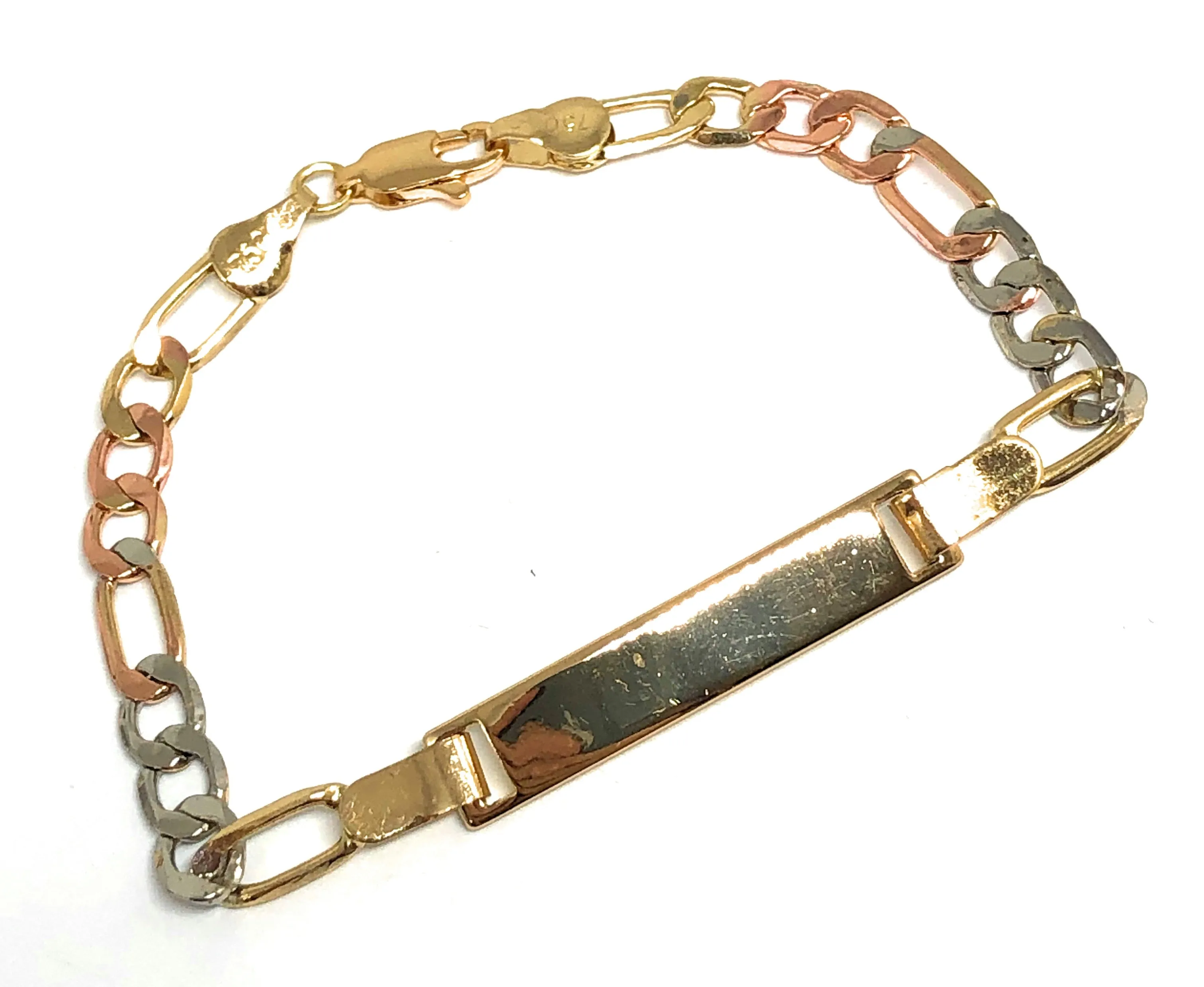 Gold Plated Tri-Color ID FIGARO Bracelet 7.5” 5.5mm Width Esclava