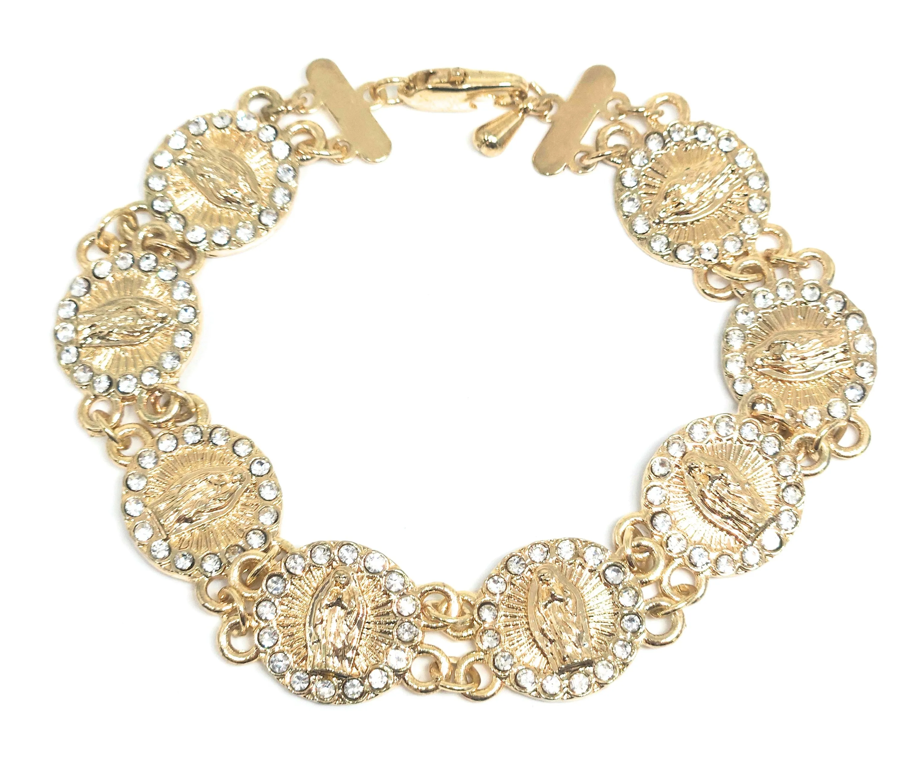 Gold Plated Virgin Mary CZ Bracelet Virgen Guadalupe Pulsera 8”