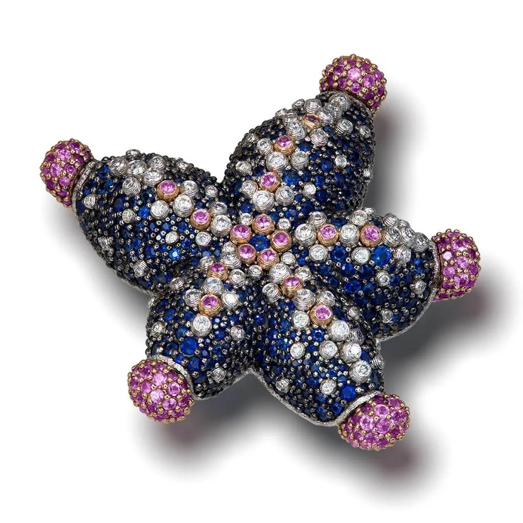 Gold Starfish Ring with Diamonds and Sapphires