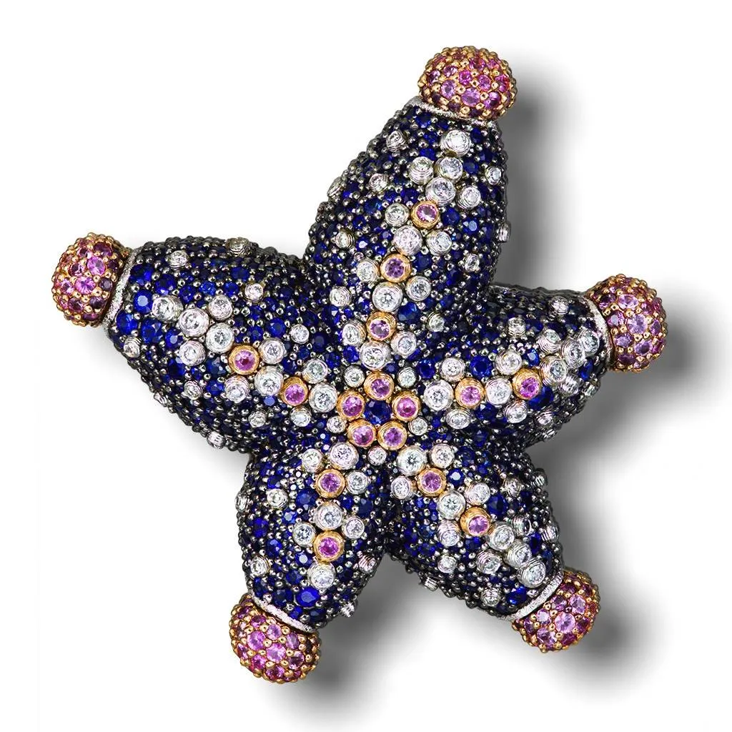 Gold Starfish Ring with Diamonds and Sapphires