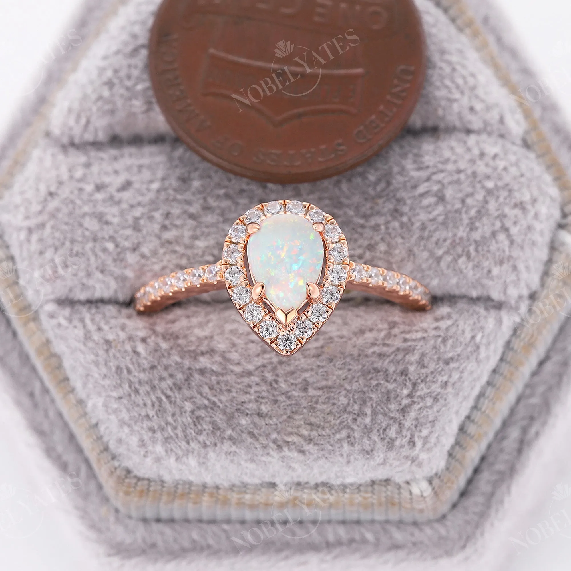 Halo Pear Opal Engagement Ring Moissanite Pave Rose Gold