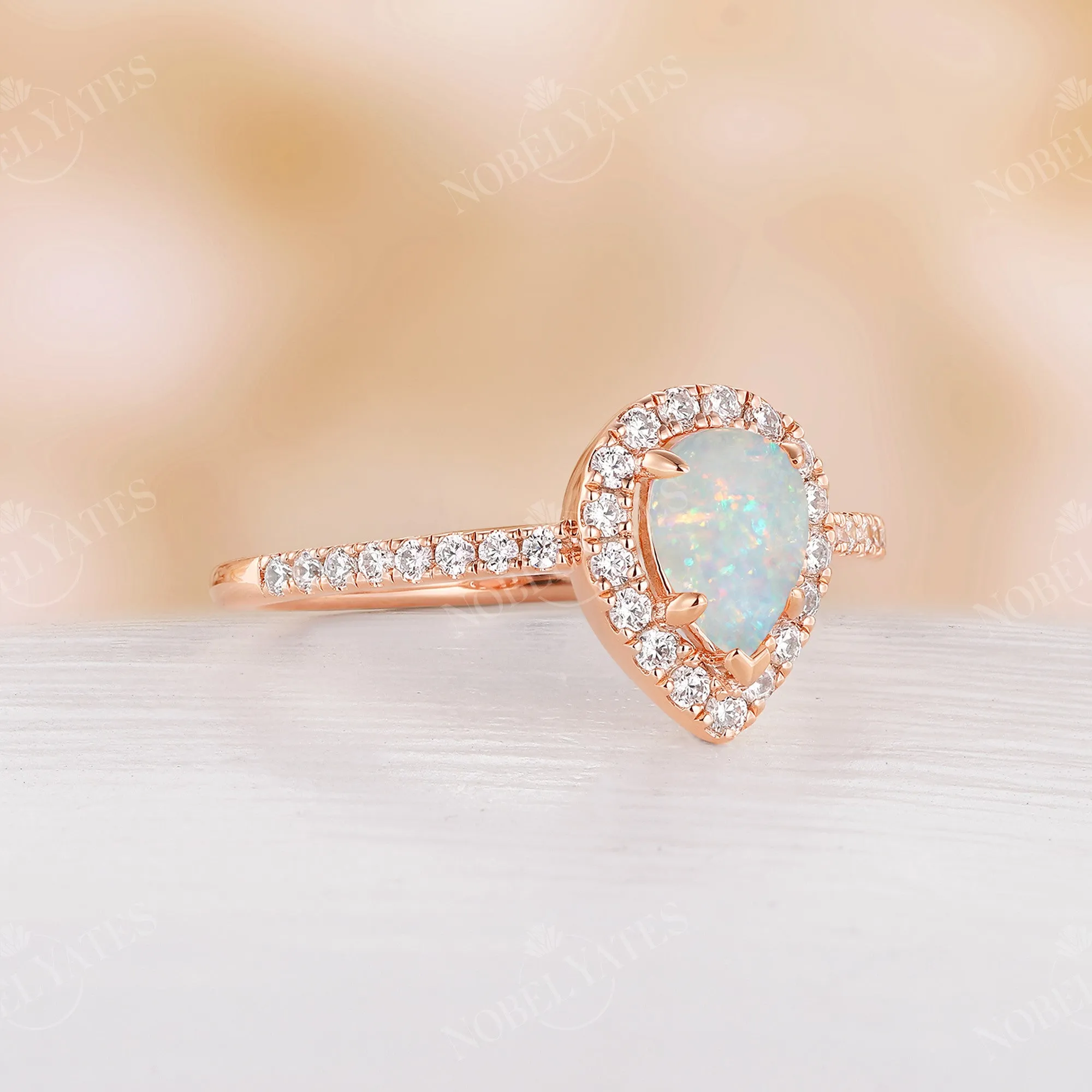 Halo Pear Opal Engagement Ring Moissanite Pave Rose Gold