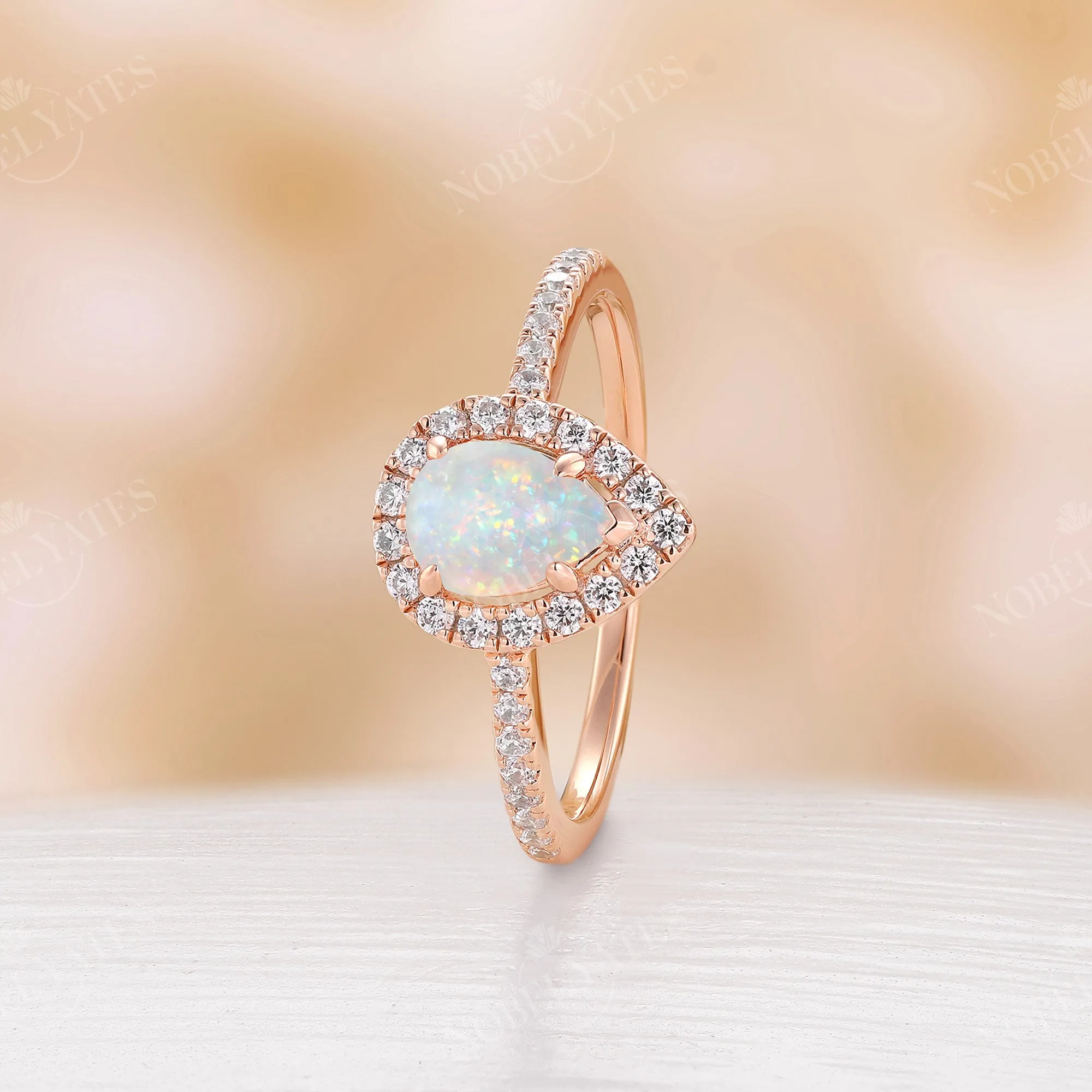 Halo Pear Opal Engagement Ring Moissanite Pave Rose Gold