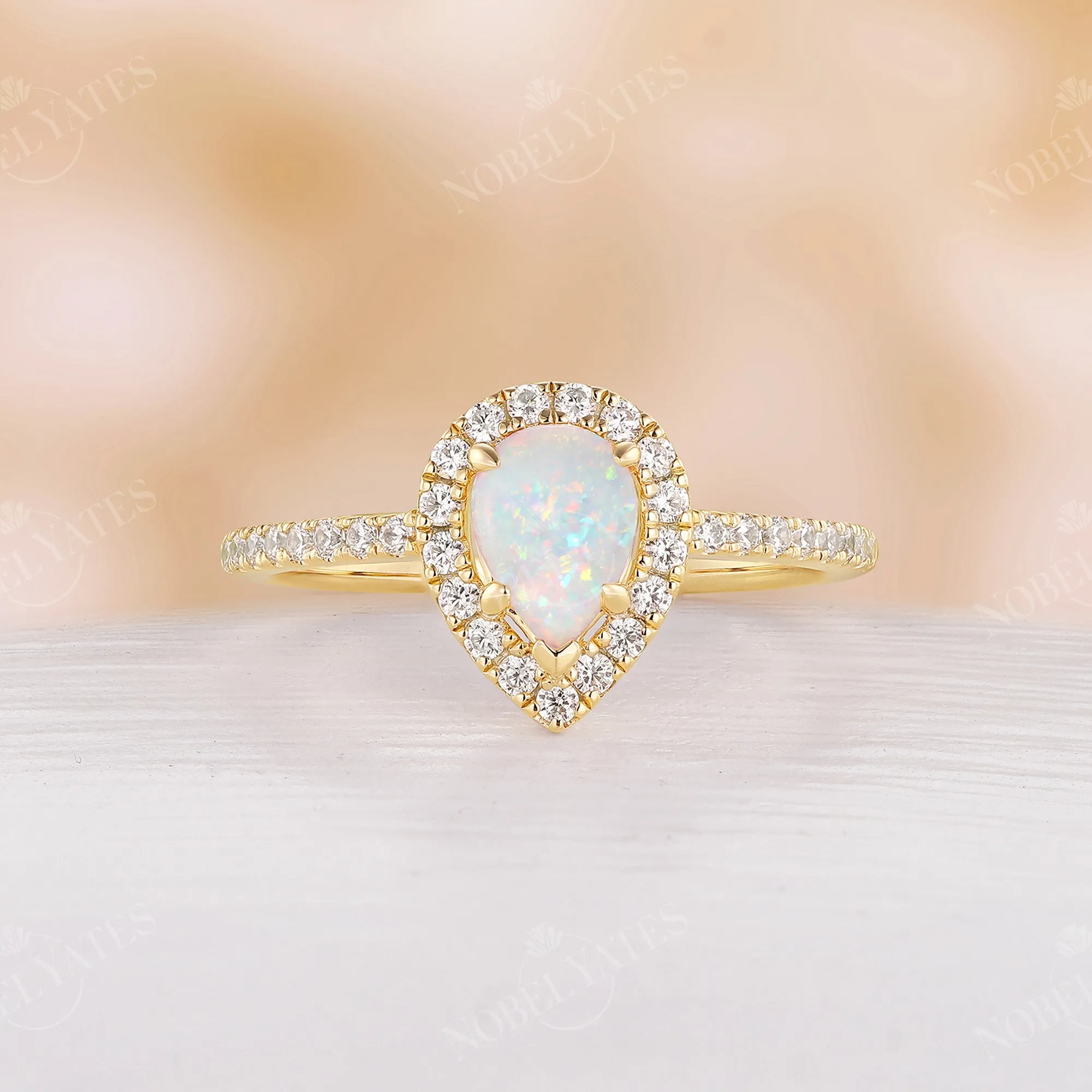 Halo Pear Opal Engagement Ring Moissanite Pave Rose Gold