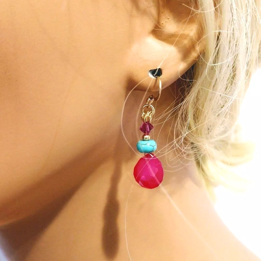 Handcrafted 14K Gold-Filled Gemstone Earrings with Hot Pink Chalcedony and Turquoise