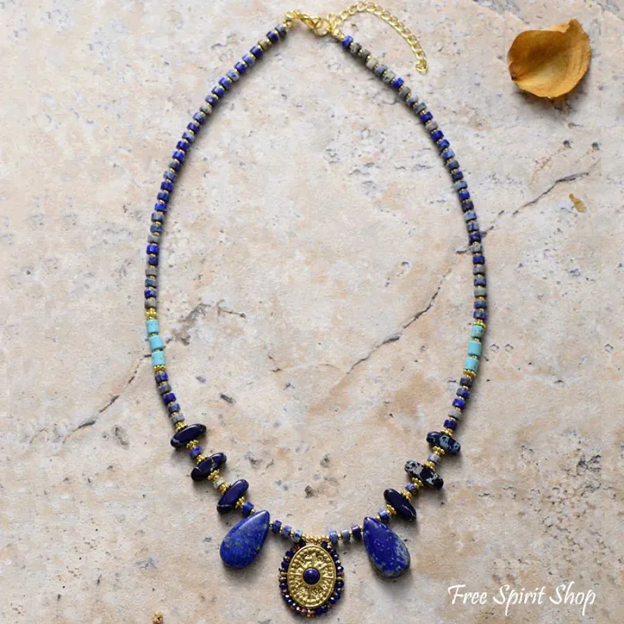 Handmade Lapis Lazuli & Blue Jasper Sun Pendant Necklace