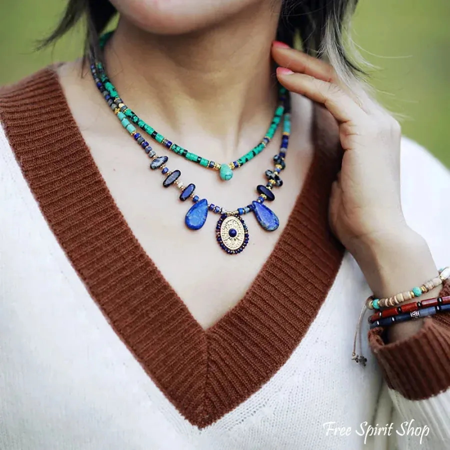 Handmade Lapis Lazuli & Blue Jasper Sun Pendant Necklace