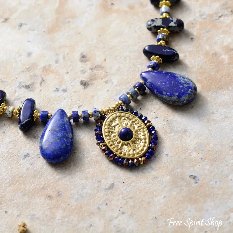 Handmade Lapis Lazuli & Blue Jasper Sun Pendant Necklace