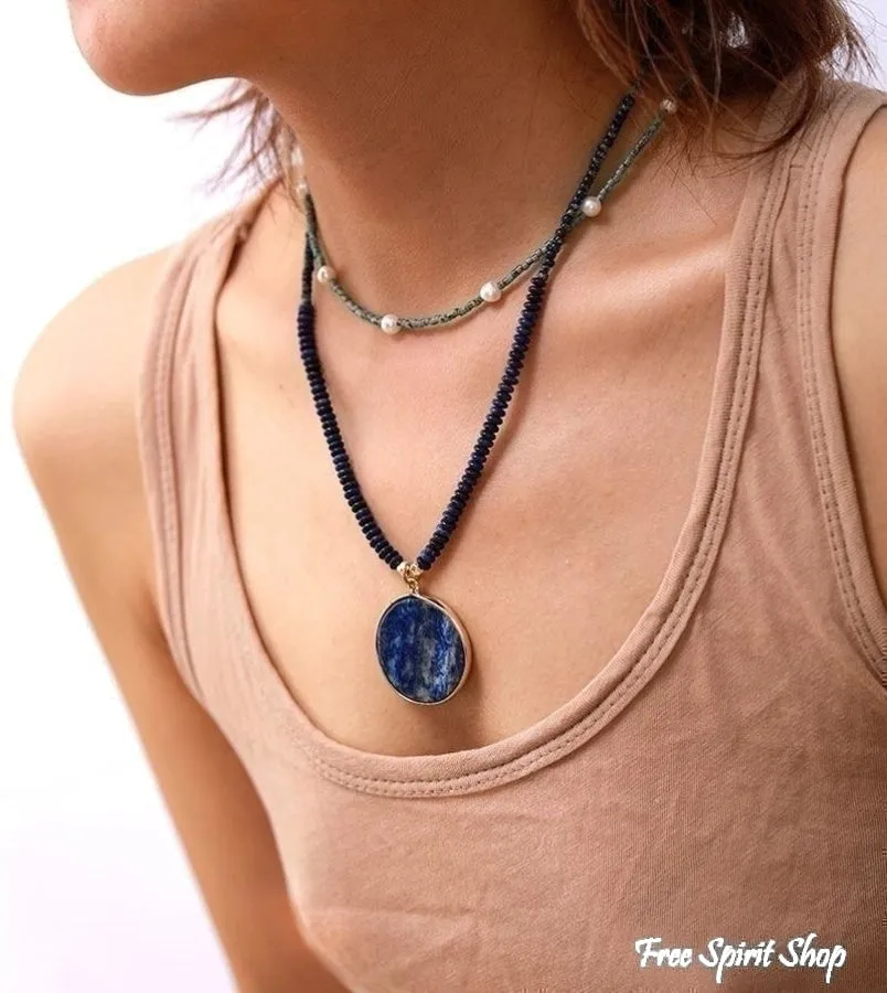 Handmade Lapis Lazuli Circle Pendant Necklace