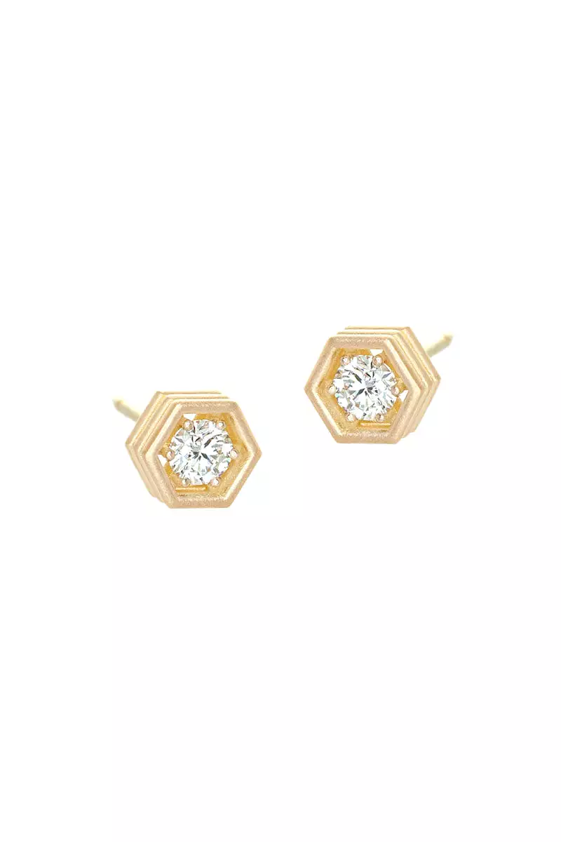 Hex Strata Stud Earrings - White Diamonds in Yellow Gold