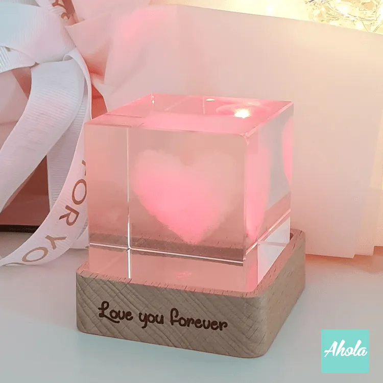 【Kaga】Crystal Cube with Laser Engraved Wooden Light box 心形水晶刻字彩色小燈盒