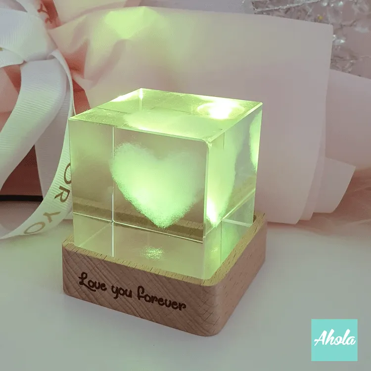 【Kaga】Crystal Cube with Laser Engraved Wooden Light box 心形水晶刻字彩色小燈盒