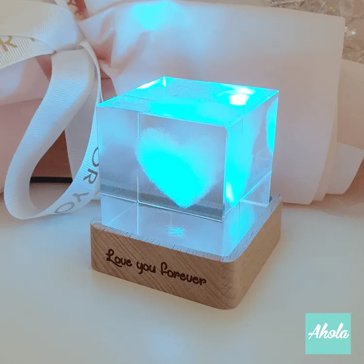 【Kaga】Crystal Cube with Laser Engraved Wooden Light box 心形水晶刻字彩色小燈盒