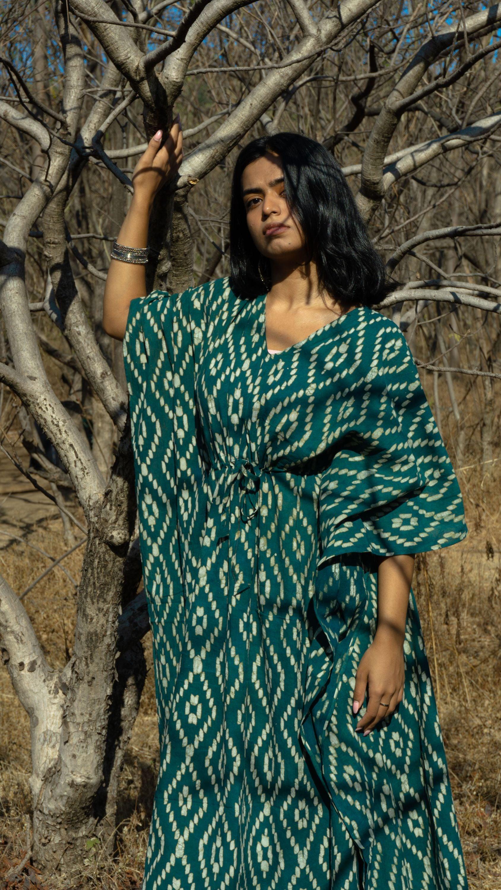 Kaisori Cubic print Mulmul natural dyed green Kaftan