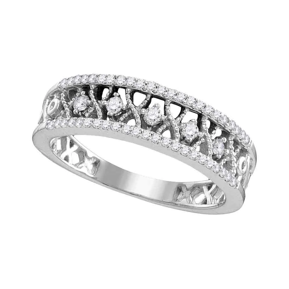 Keene Jewelers 10kt White Gold Womens Round Diamond Filigree Symmetrical Band Ring 1/4 Cttw