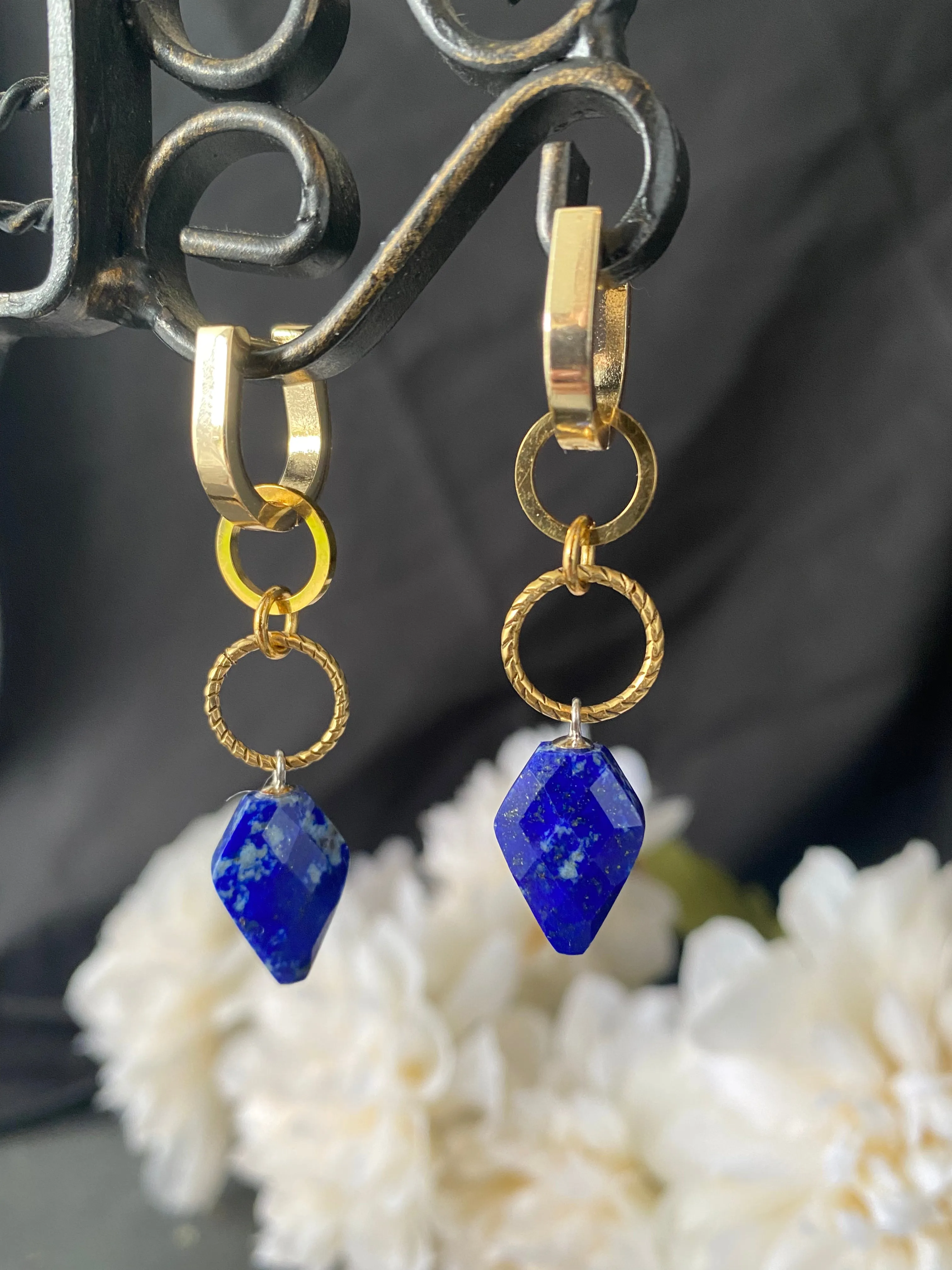 Lapis lazuli arrow head stone, Hinged hoop, gold metal, earrings