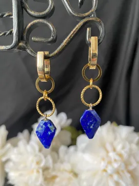 Lapis lazuli arrow head stone, Hinged hoop, gold metal, earrings