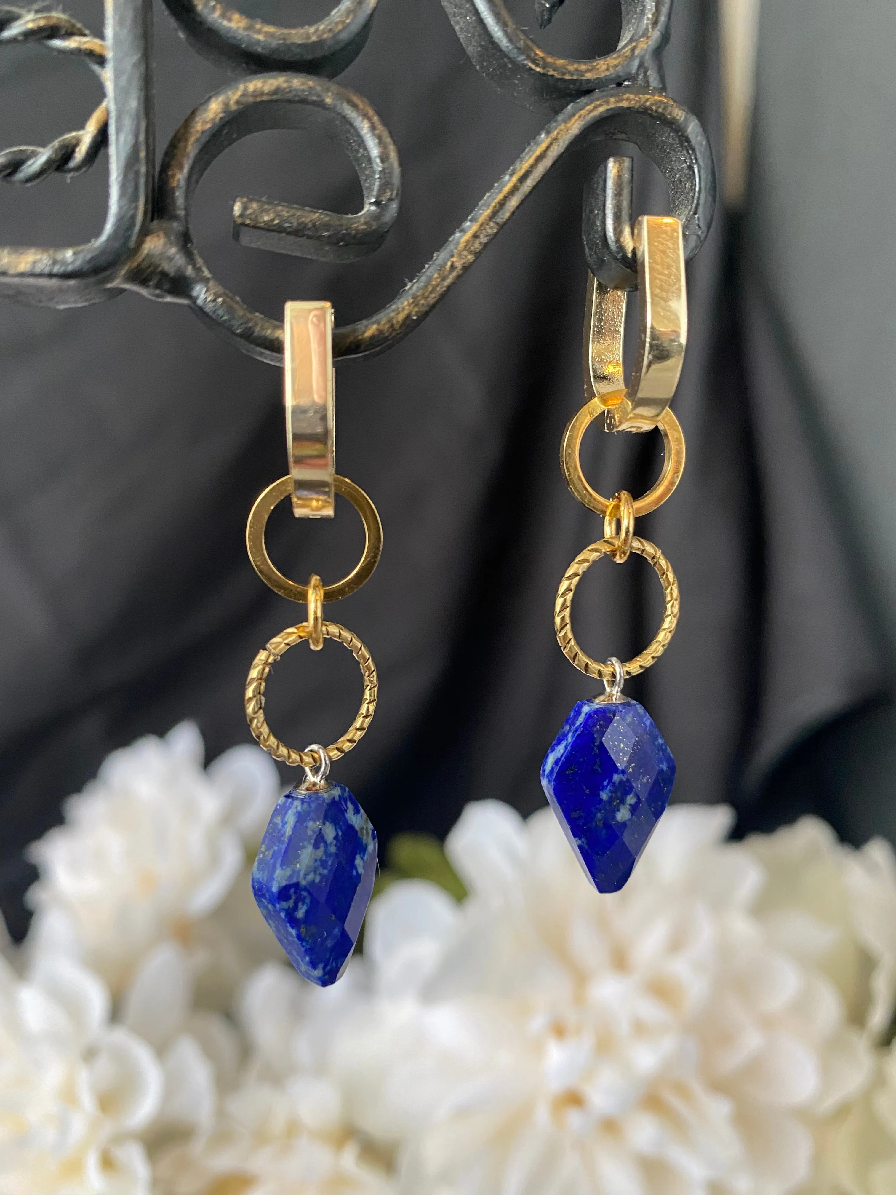 Lapis lazuli arrow head stone, Hinged hoop, gold metal, earrings