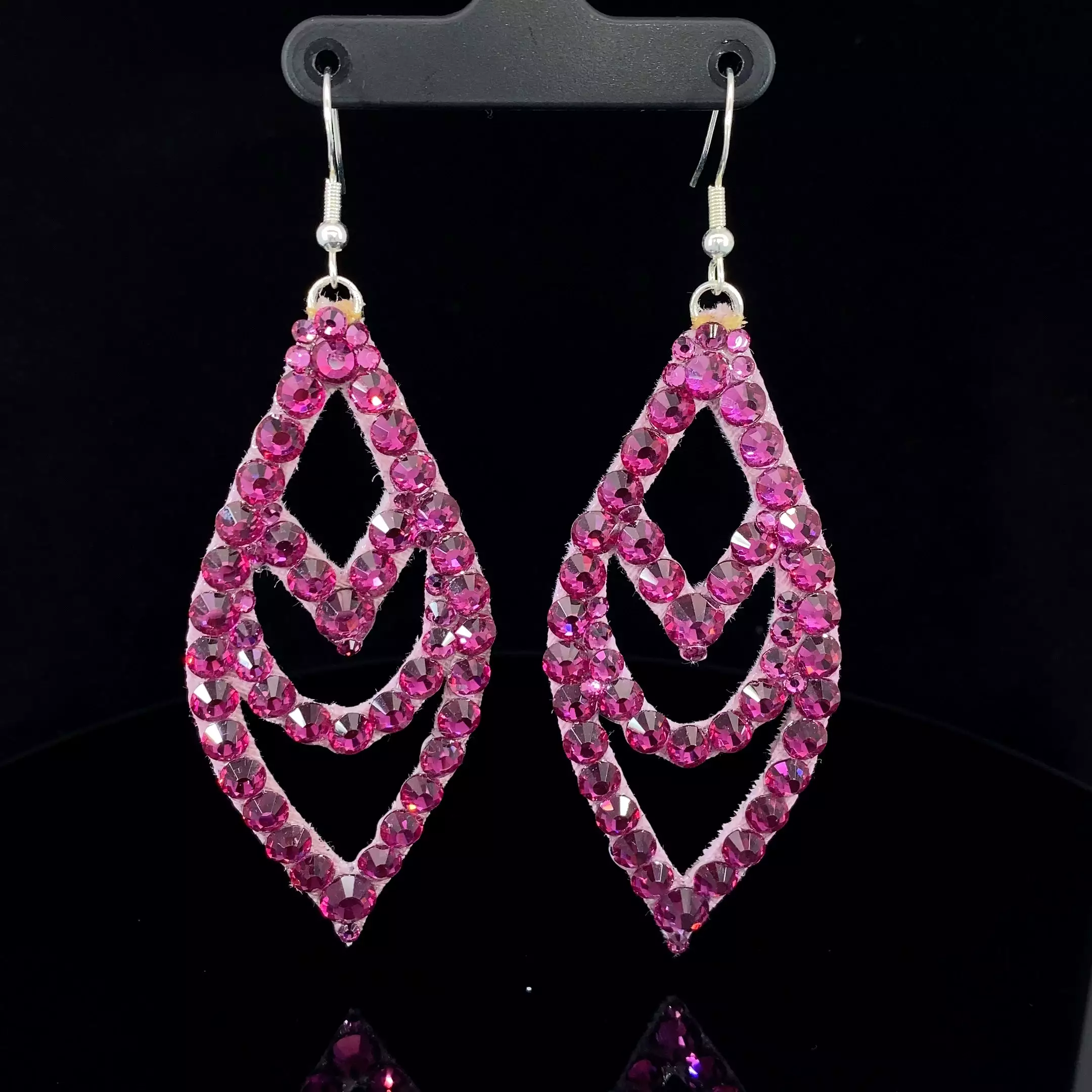 Large Chevron Detail Hanging Drop Earrings with Stones in Multiple Color Options E003