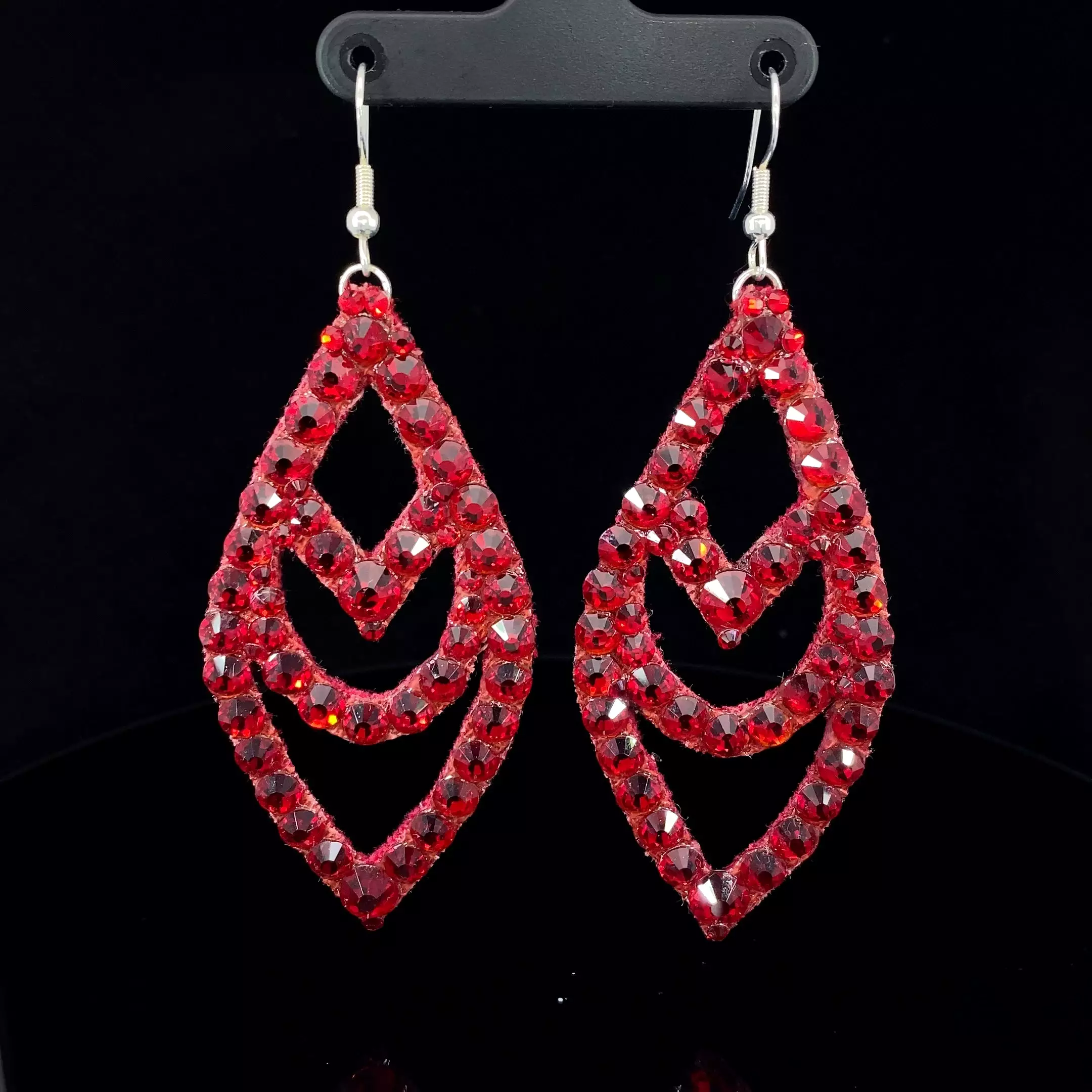 Large Chevron Detail Hanging Drop Earrings with Stones in Multiple Color Options E003