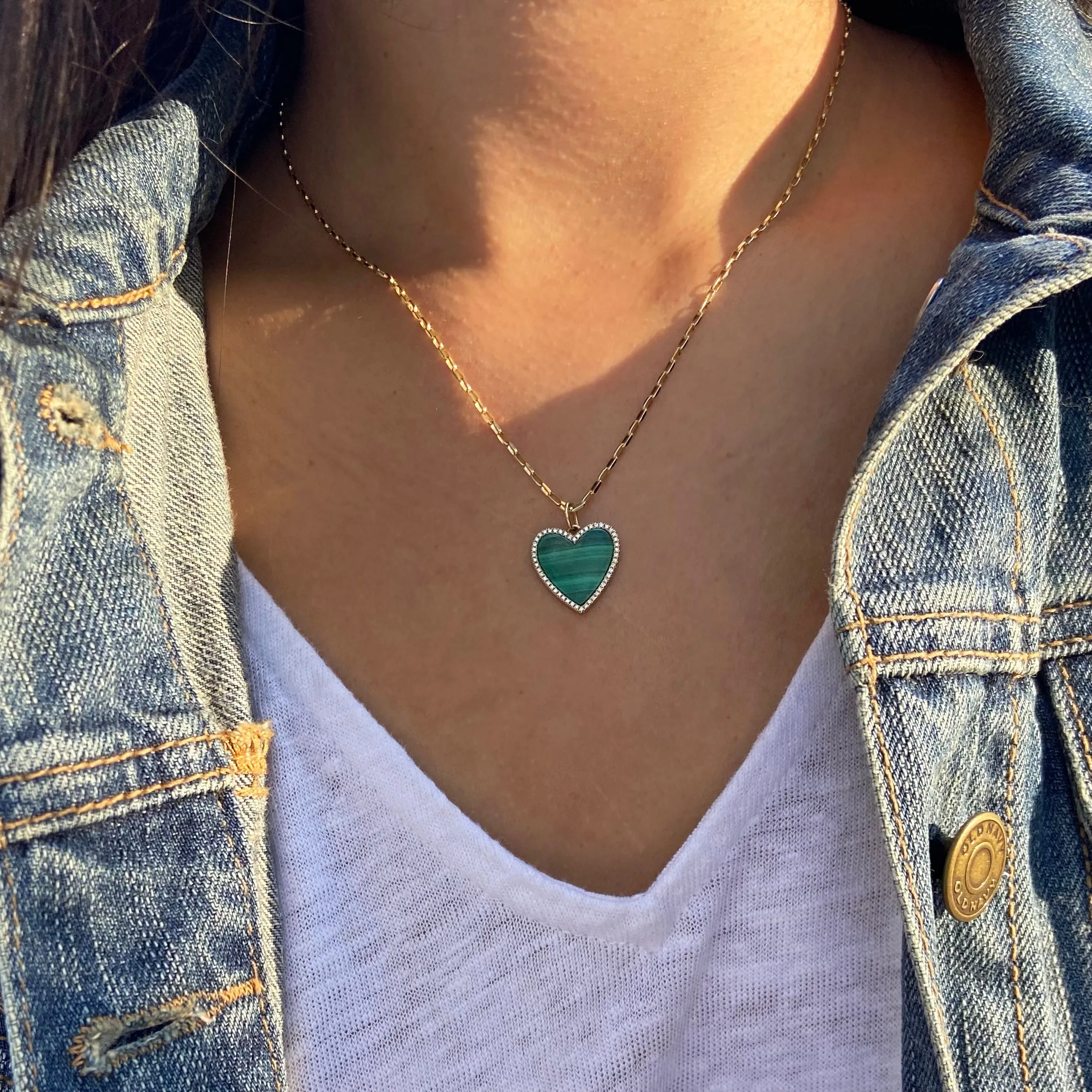 Malachite Heart Necklace With Diamonds - Large