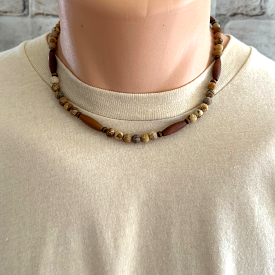 Mens Matte Picture Jasper and Elongated Wood Bead