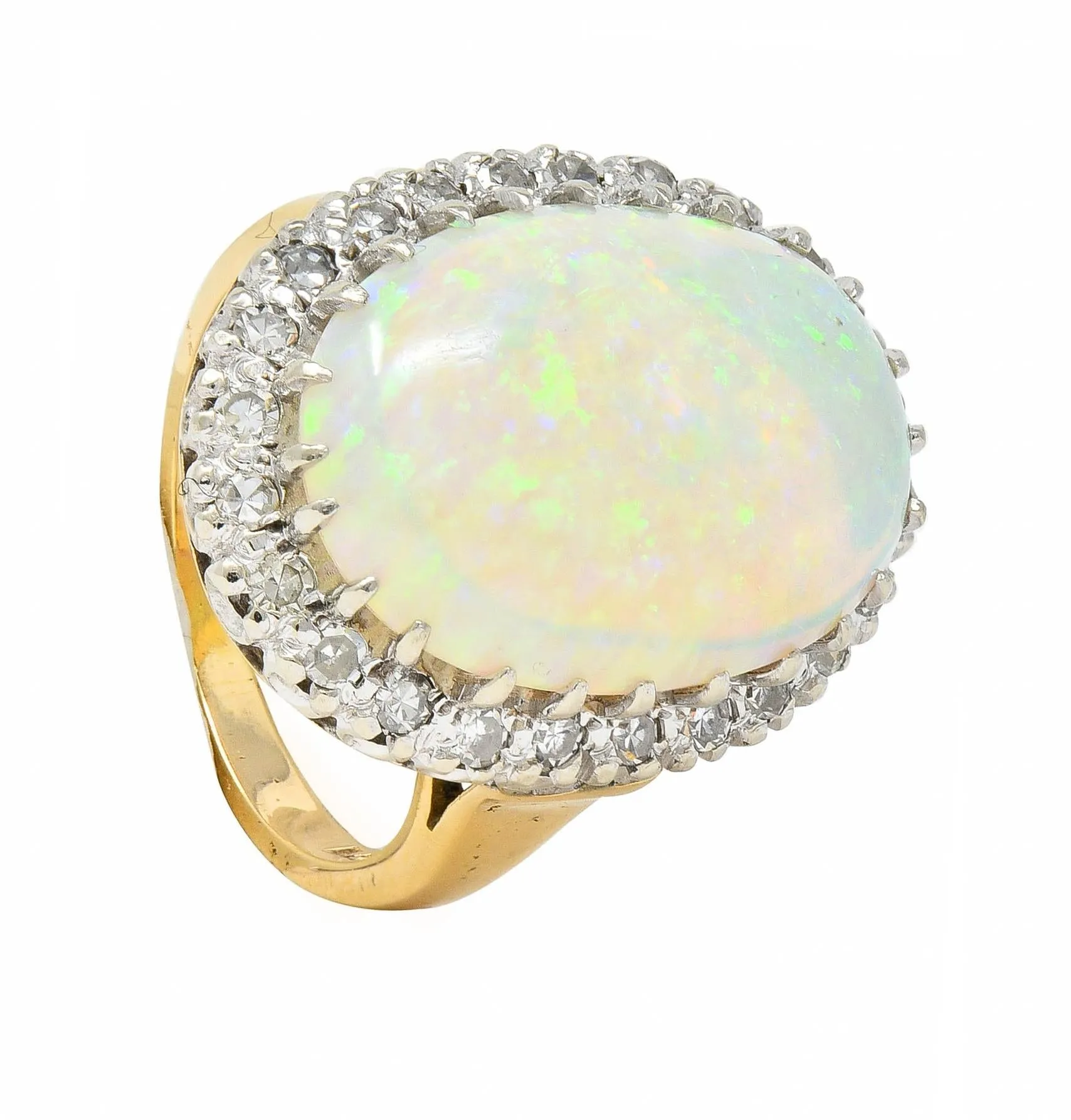 Mid-Century Diamond Opal Platinum 14 Karat Yellow Gold Vintage Halo Cluster Ring