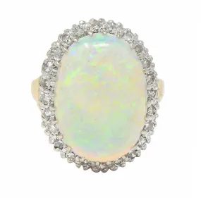 Mid-Century Diamond Opal Platinum 14 Karat Yellow Gold Vintage Halo Cluster Ring