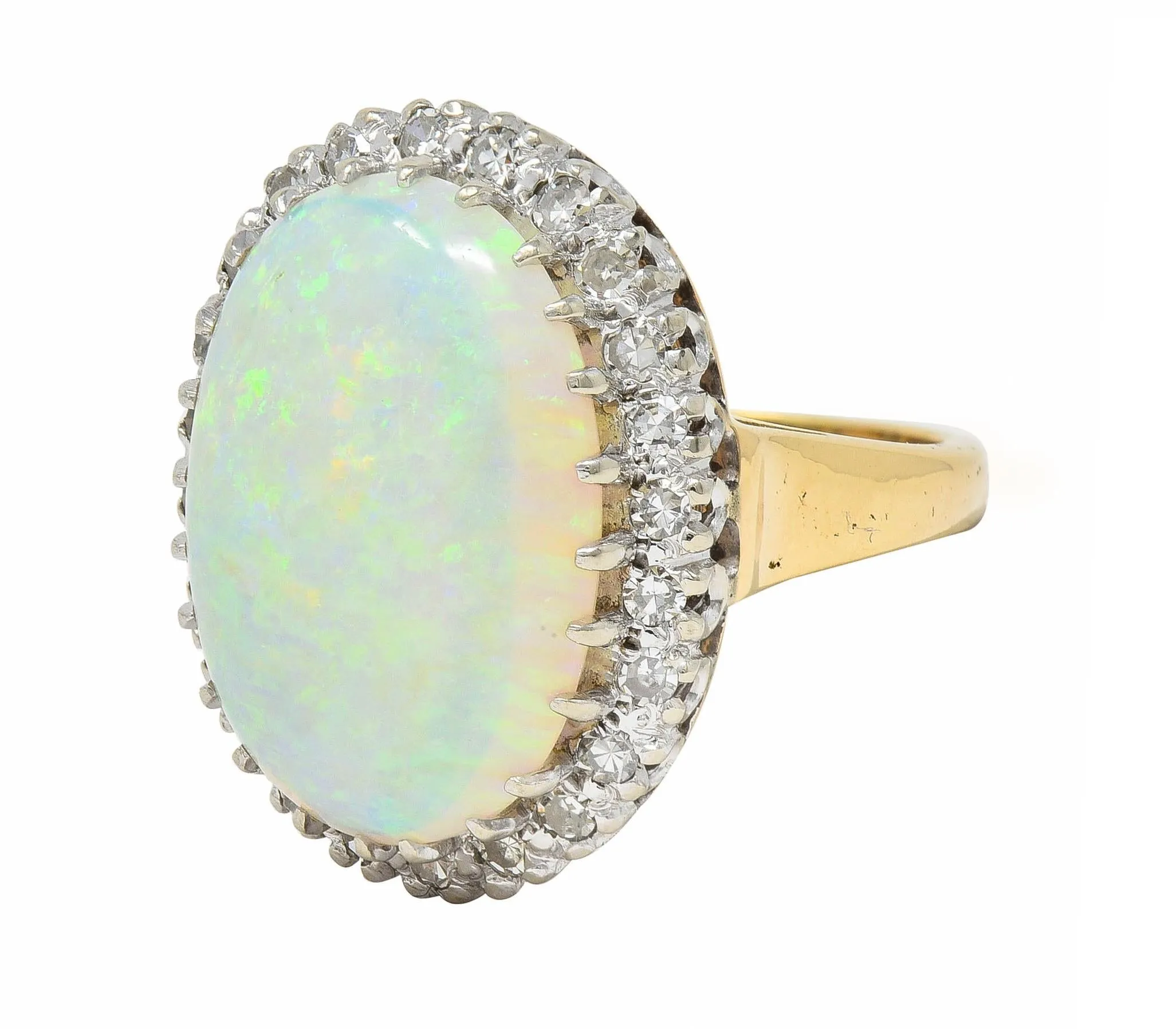 Mid-Century Diamond Opal Platinum 14 Karat Yellow Gold Vintage Halo Cluster Ring