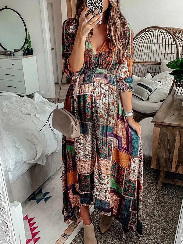 Momnfancy Bohemian Deep V-neck Print Long Sleeve Maternity Maxi Dress