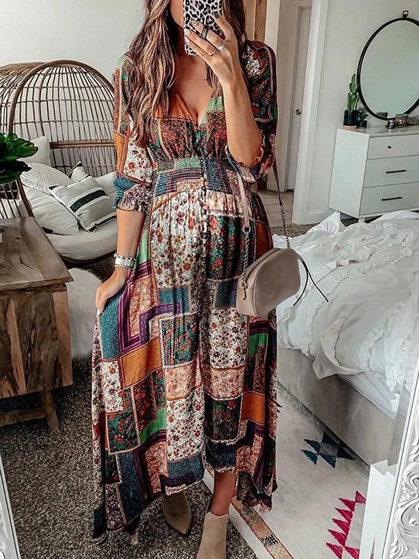 Momnfancy Bohemian Deep V-neck Print Long Sleeve Maternity Maxi Dress