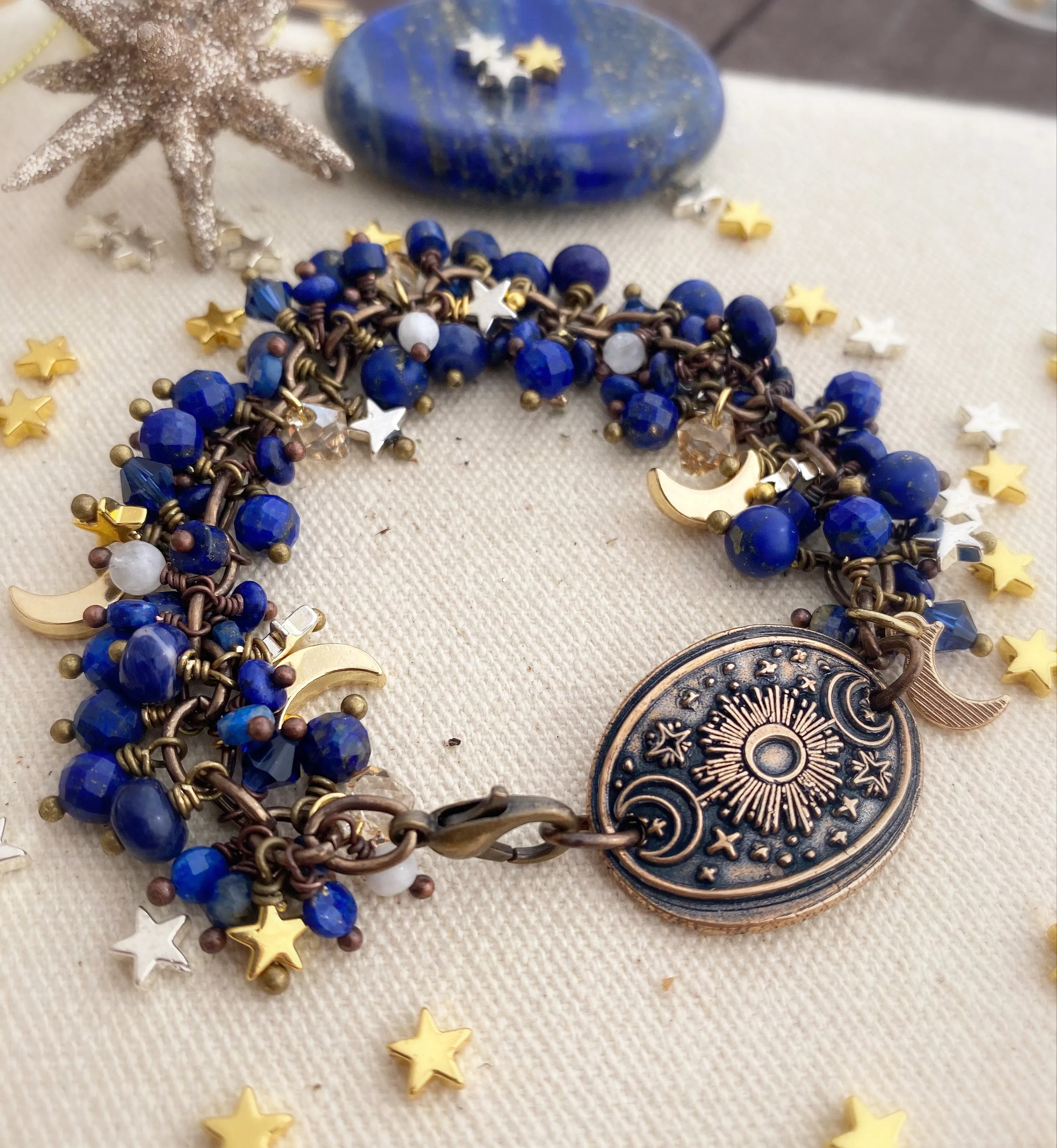 Moon and stars. Handmade bronze metal cuff, lapis lazuli stone, moon, star charms, Swarovski crystals, bracelet , jewelry