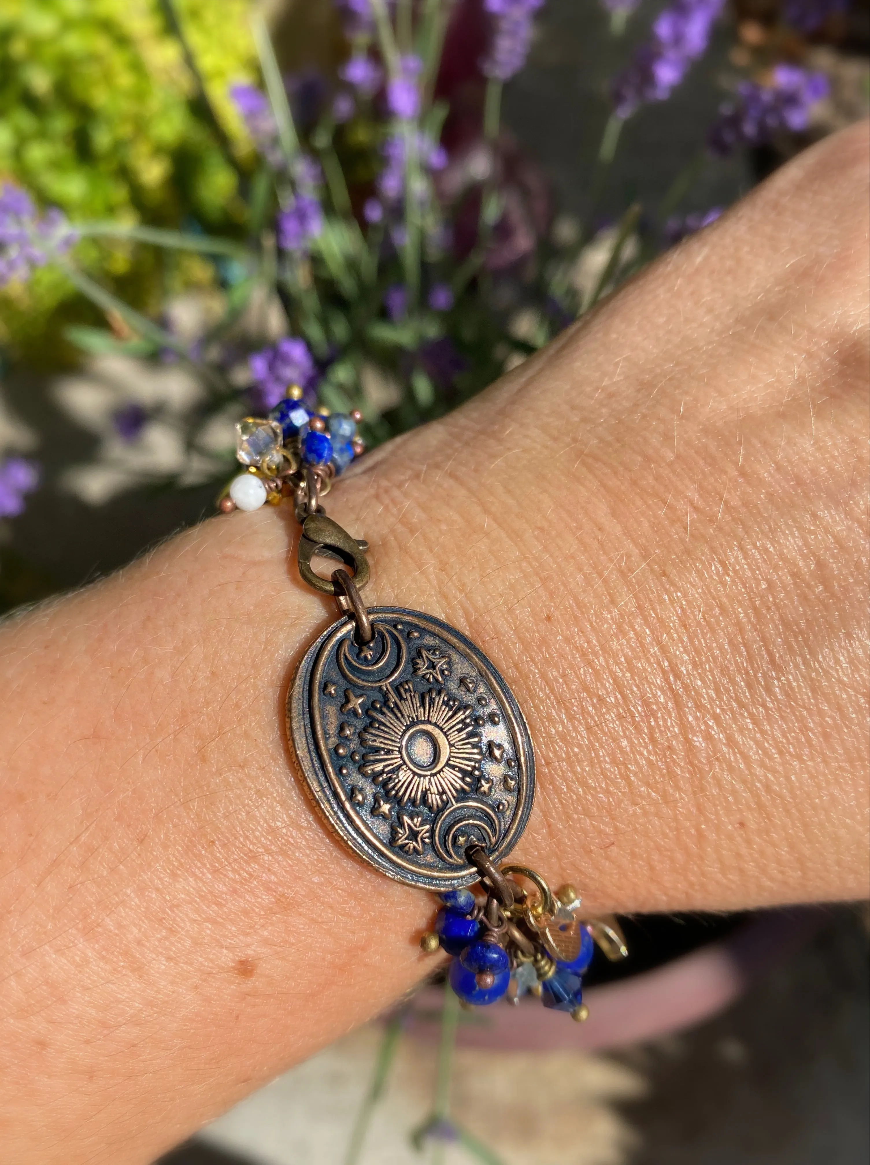 Moon and stars. Handmade bronze metal cuff, lapis lazuli stone, moon, star charms, Swarovski crystals, bracelet , jewelry