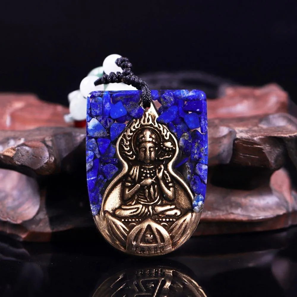 Natural Lapis Lazuli Buddha Amulet Necklace With Adjustable Orgone Chakra Healing Crystals