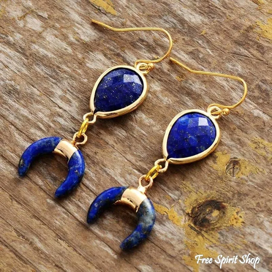 Natural Lapis Lazuli Crescent Horn Earrings