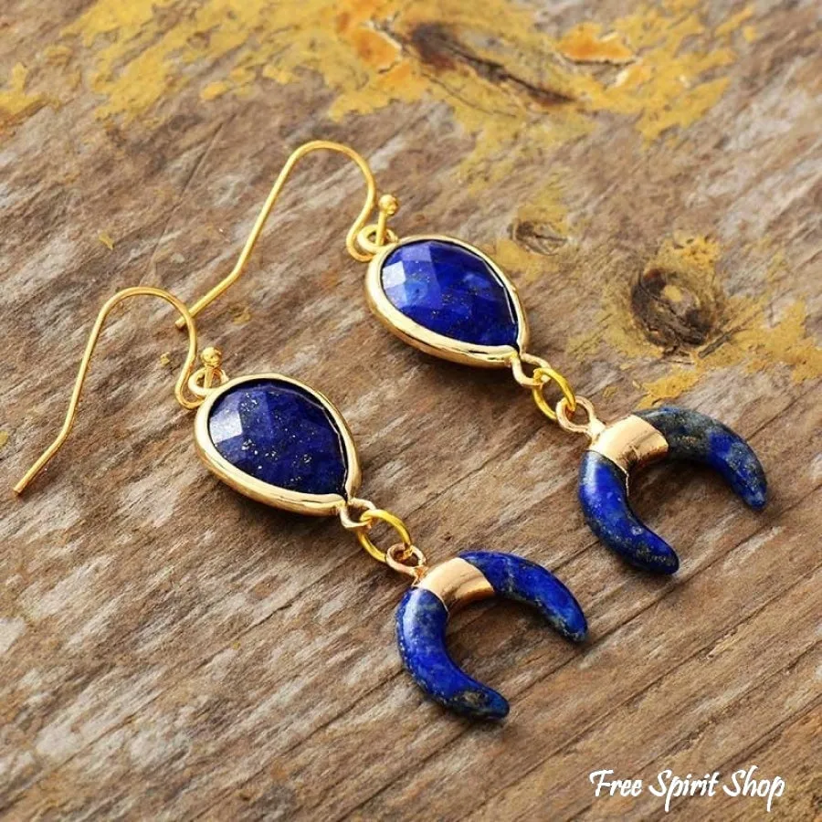 Natural Lapis Lazuli Crescent Horn Earrings