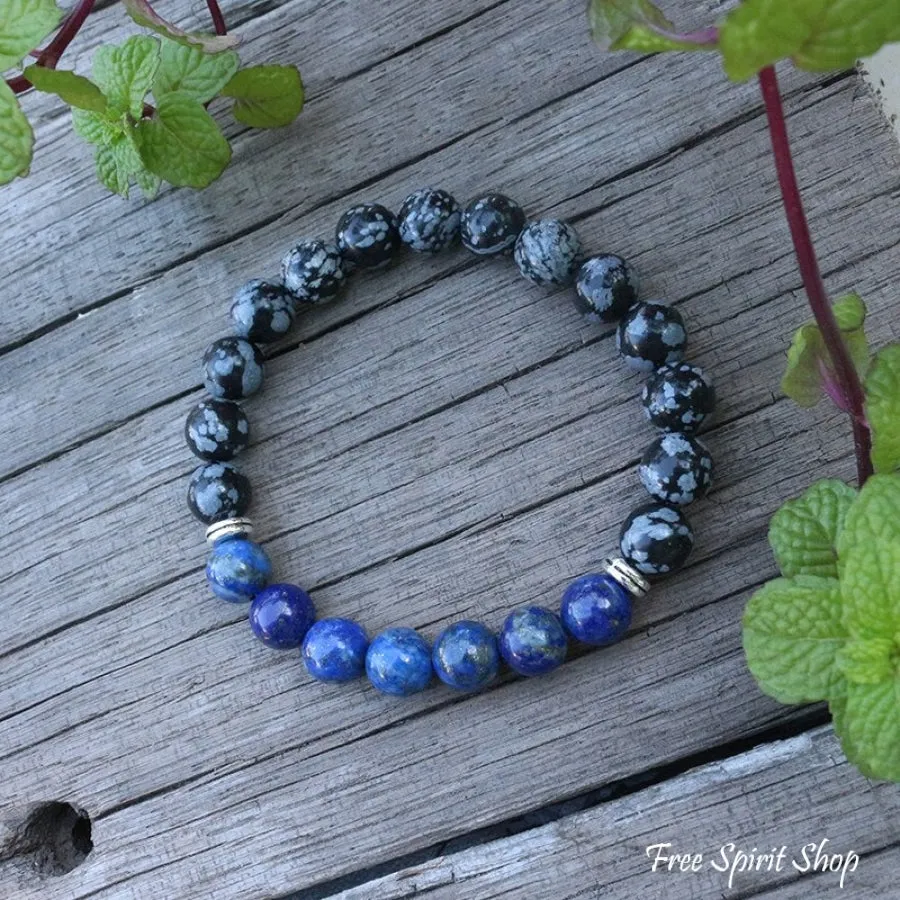 Natural Snowflake Obsidian & Lapis Lazuli Bead Bracelet