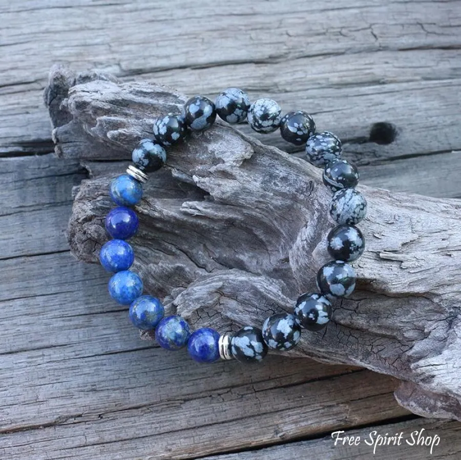 Natural Snowflake Obsidian & Lapis Lazuli Bead Bracelet