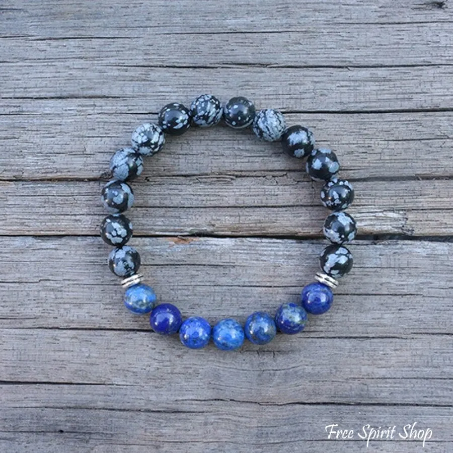 Natural Snowflake Obsidian & Lapis Lazuli Bead Bracelet