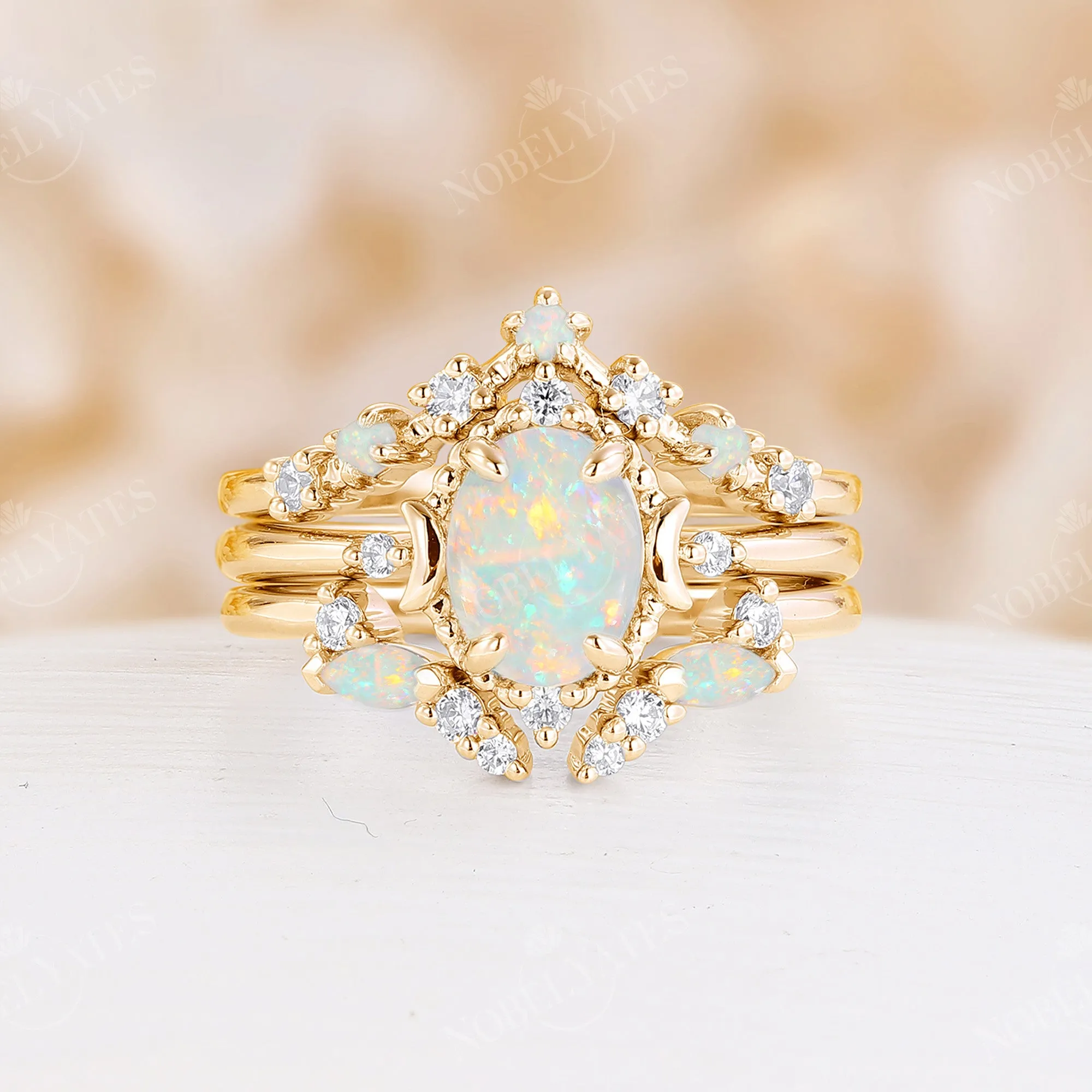 Natural White Opal 3PC Bridal Set Yellow Gold Moon Ring