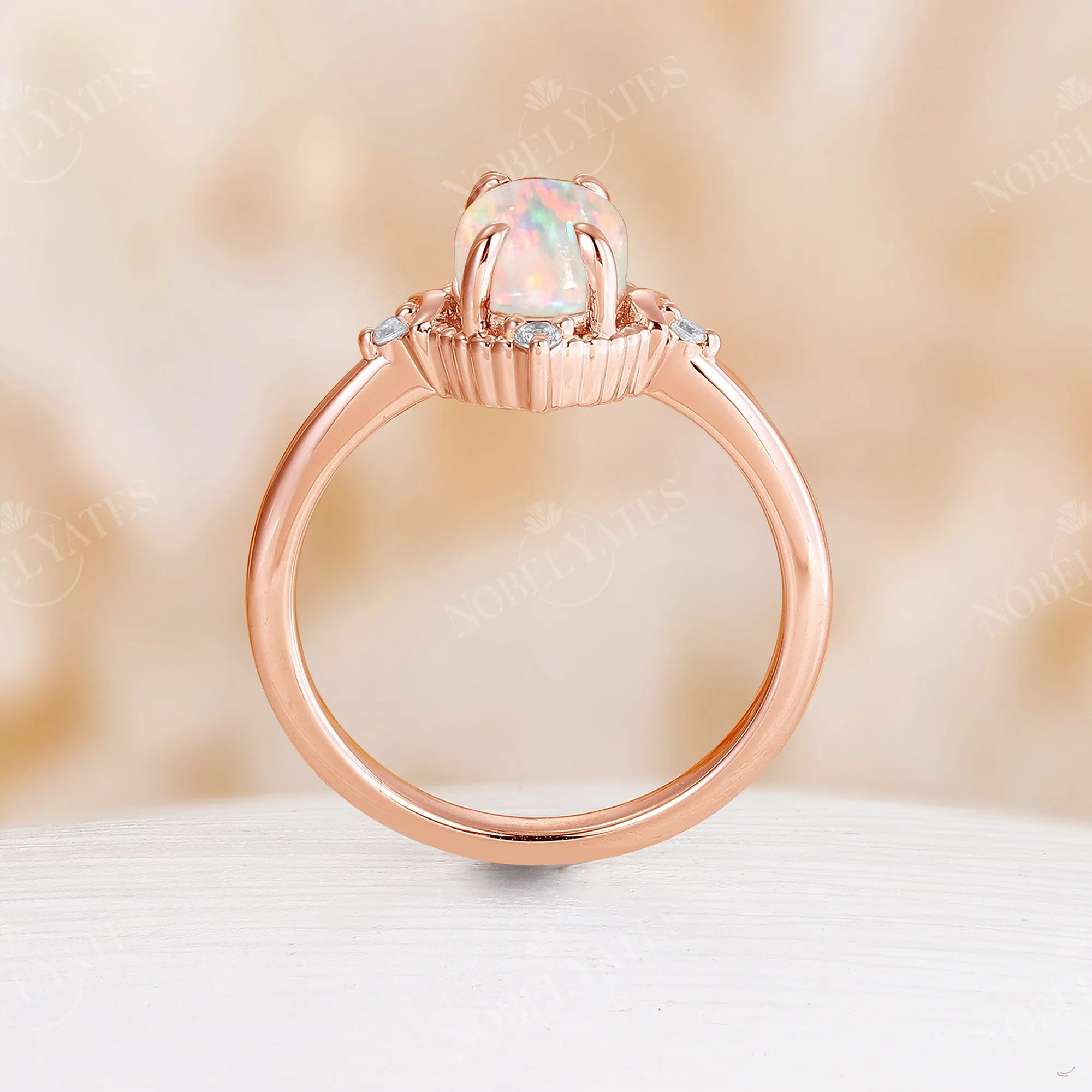 Natural White Opal 3PC Bridal Set Yellow Gold Moon Ring