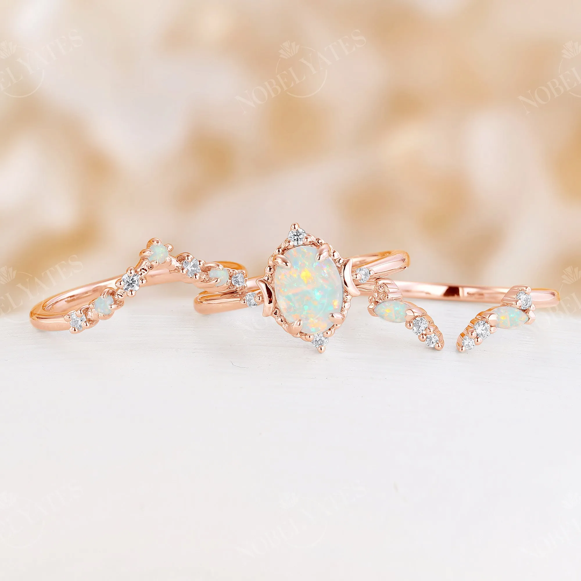 Natural White Opal 3PC Bridal Set Yellow Gold Moon Ring