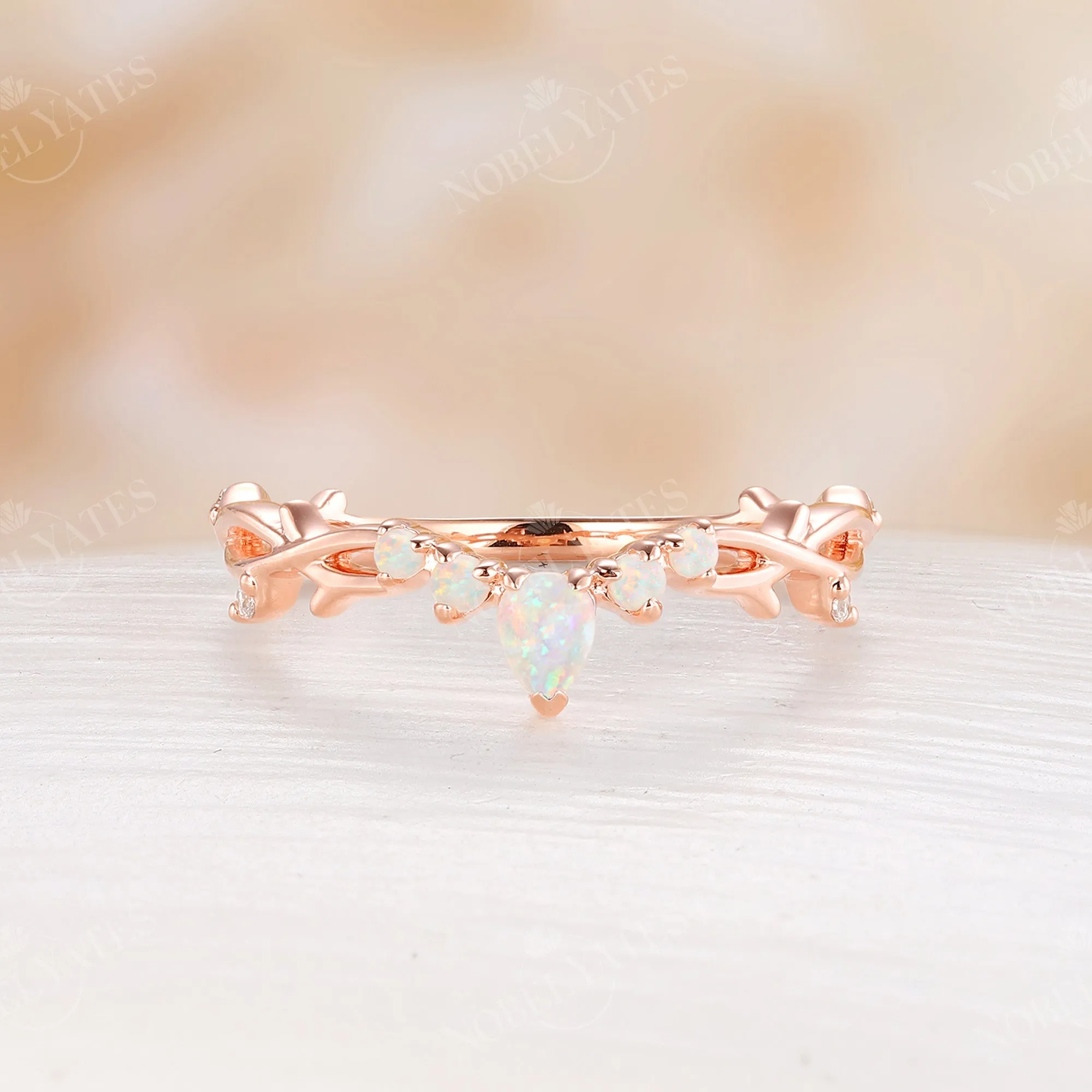 Nature Branch & Twig Design White Opal Curved Wedding Band Rose Gold