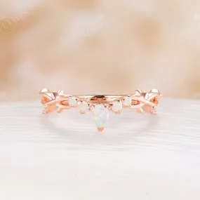 Nature Branch & Twig Design White Opal Curved Wedding Band Rose Gold