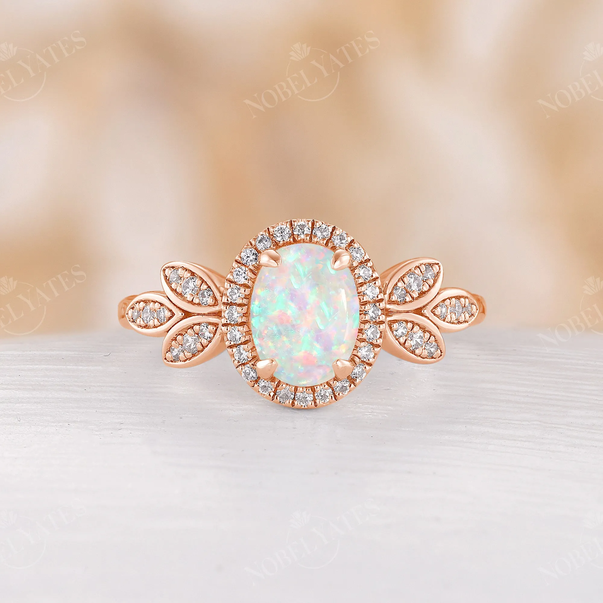 Nature inspired Oval Opal Halo Engagement Ring Rose Gold